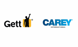The image displays two logos side by side. On the left, the Gett logo features the word "Gett" in black with a yellow square behind the silhouette of a person raising one arm. On the right, the CAREY International logo shows "CAREY" in a gradient blue font with "INTERNATIONAL" below it in smaller black letters. Both logos are set against a white background.