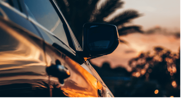 Close-up of a car's side mirror and door at sunset, with palm trees