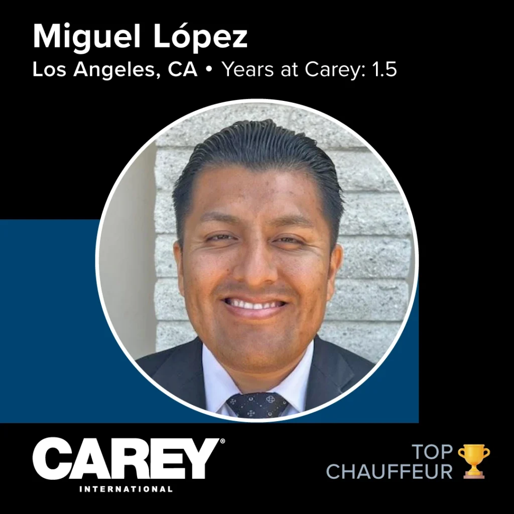 Portrait of a person with slicked black hair wearing a dark suit, white shirt, and patterned tie, face intentionally blurred for privacy; award banner and achievement information also displayed