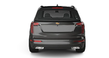 Black SUV car viewed directly from the rear, showing tail lights, rear window, and badge.