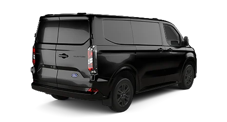 Black cargo van viewed from the rear right side, showing split rear doors, tinted windows, and vertical tail lights