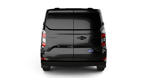 Black cargo van viewed directly from the rear, featuring split rear doors and vertical tail lights