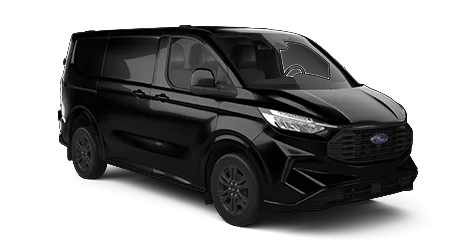 Black cargo van viewed from the front left side, featuring a modern grille and tinted windows.