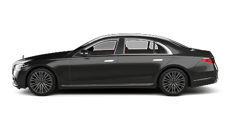 Black Mercedes-Benz sedan viewed from the left side, featuring four doors, chrome trim, and sporty alloy wheels