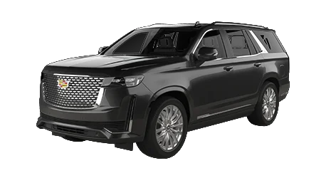 Black Cadillac Escalade SUV viewed from the front left side, showcasing chrome grille, large alloy wheels, and tinted windows