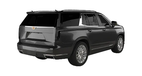 Black Cadillac Escalade SUV viewed from the rear right side, showing tinted windows, vertical tail lights, and chrome accents