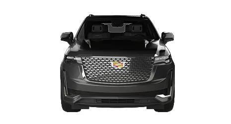 Black Cadillac Escalade SUV viewed directly from the front, featuring large chrome grille, LED headlights, and Cadillac badge