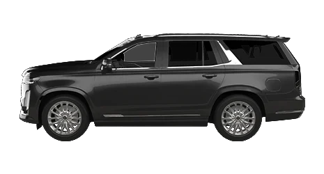Black Cadillac Escalade SUV viewed from the left side, showing four doors, chrome detailing, and large alloy wheels