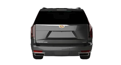 Black Cadillac Escalade SUV viewed directly from the rear, showing large tailgate, vertical tail lights, and Cadillac badge