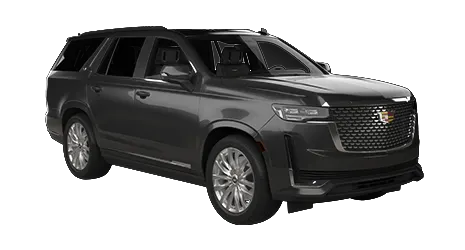 Black Cadillac Escalade SUV viewed from the front right side, highlighting chrome grille, large wheels, and tinted windows