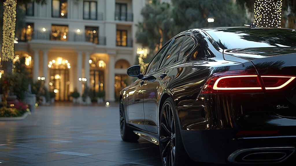 Black car parked outside luxury hotel at night